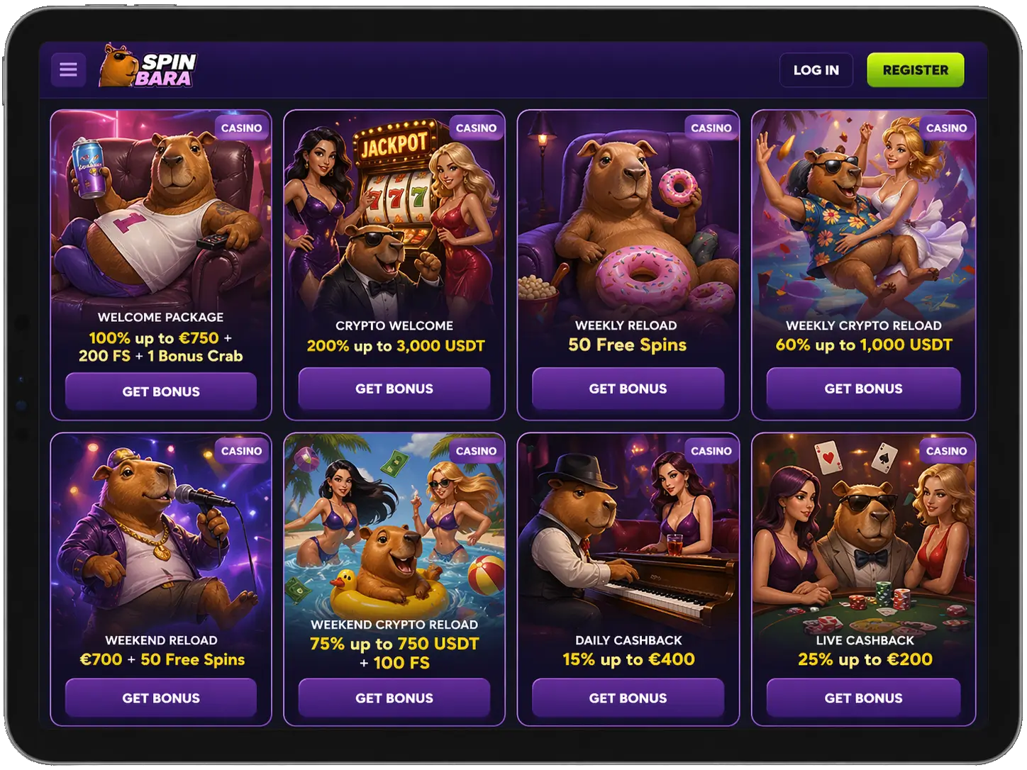 SpinBara casino bonus section with free spins and cashback offers