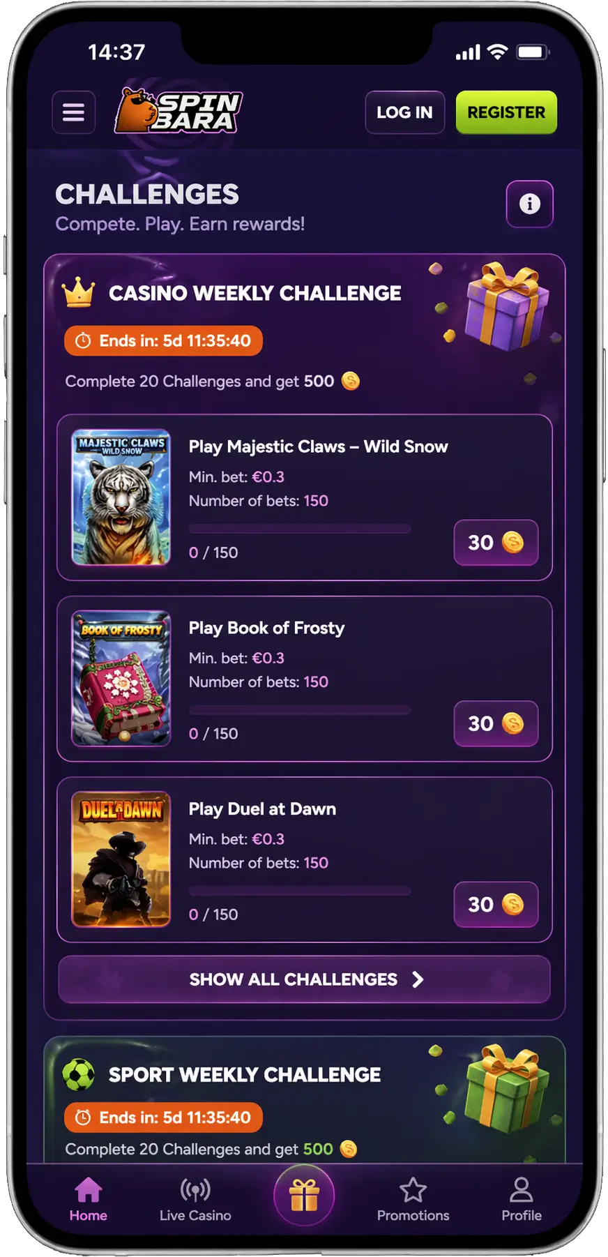 SpinBara casino challenges with coin-based rewards