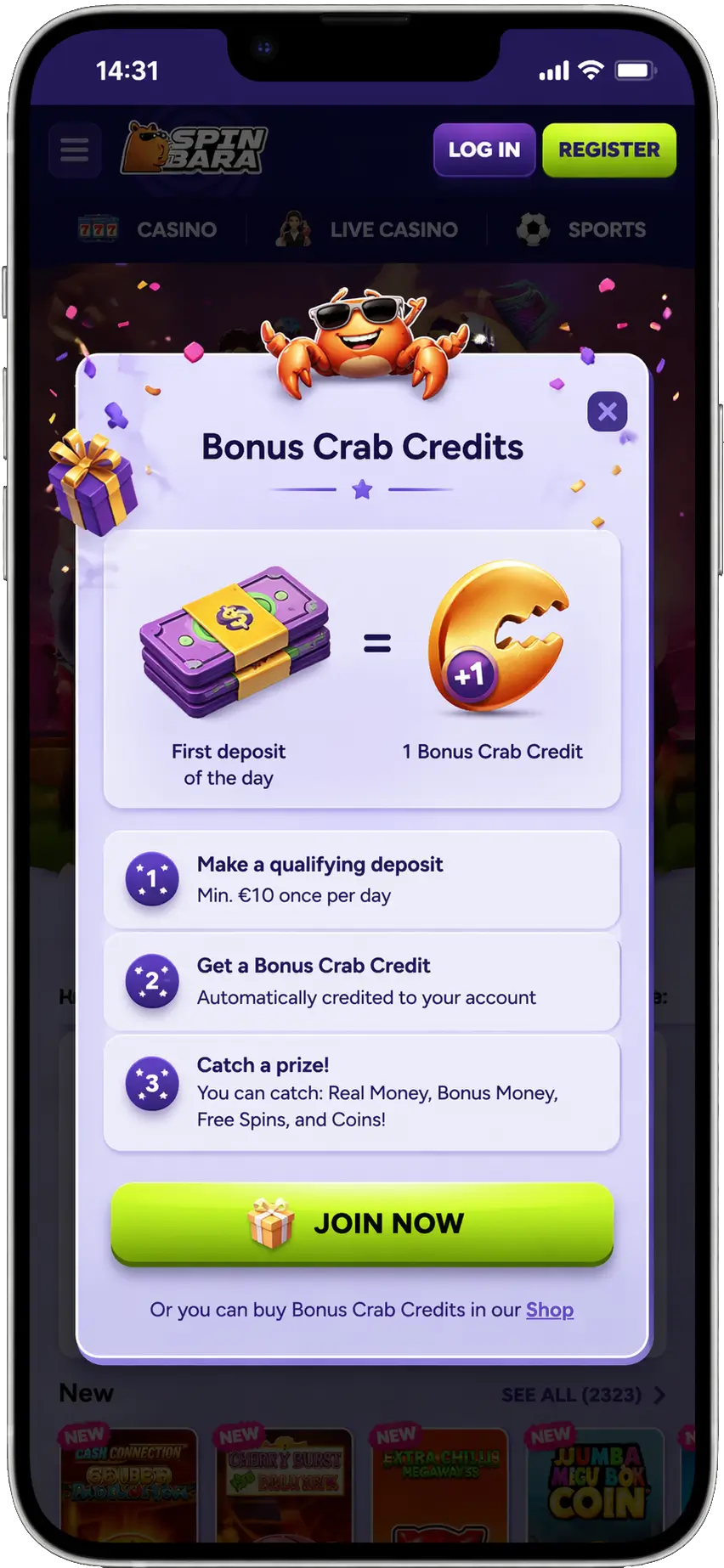 SpinBara Bonus Crab daily deposit reward feature
