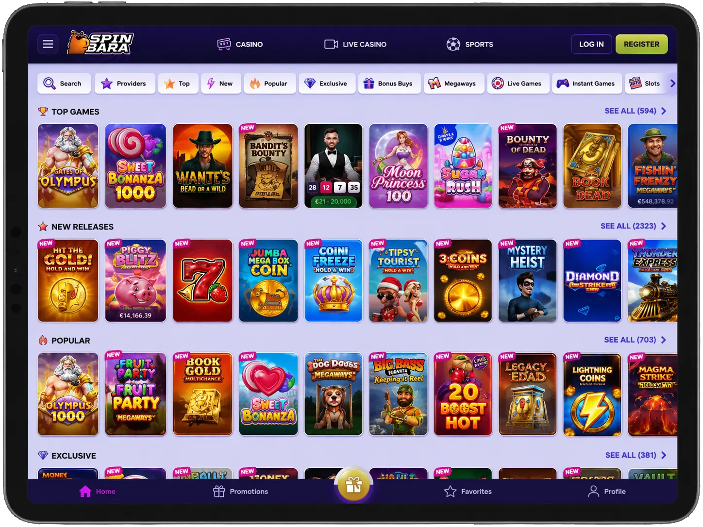 SpinBara casino game library with pokies and live games