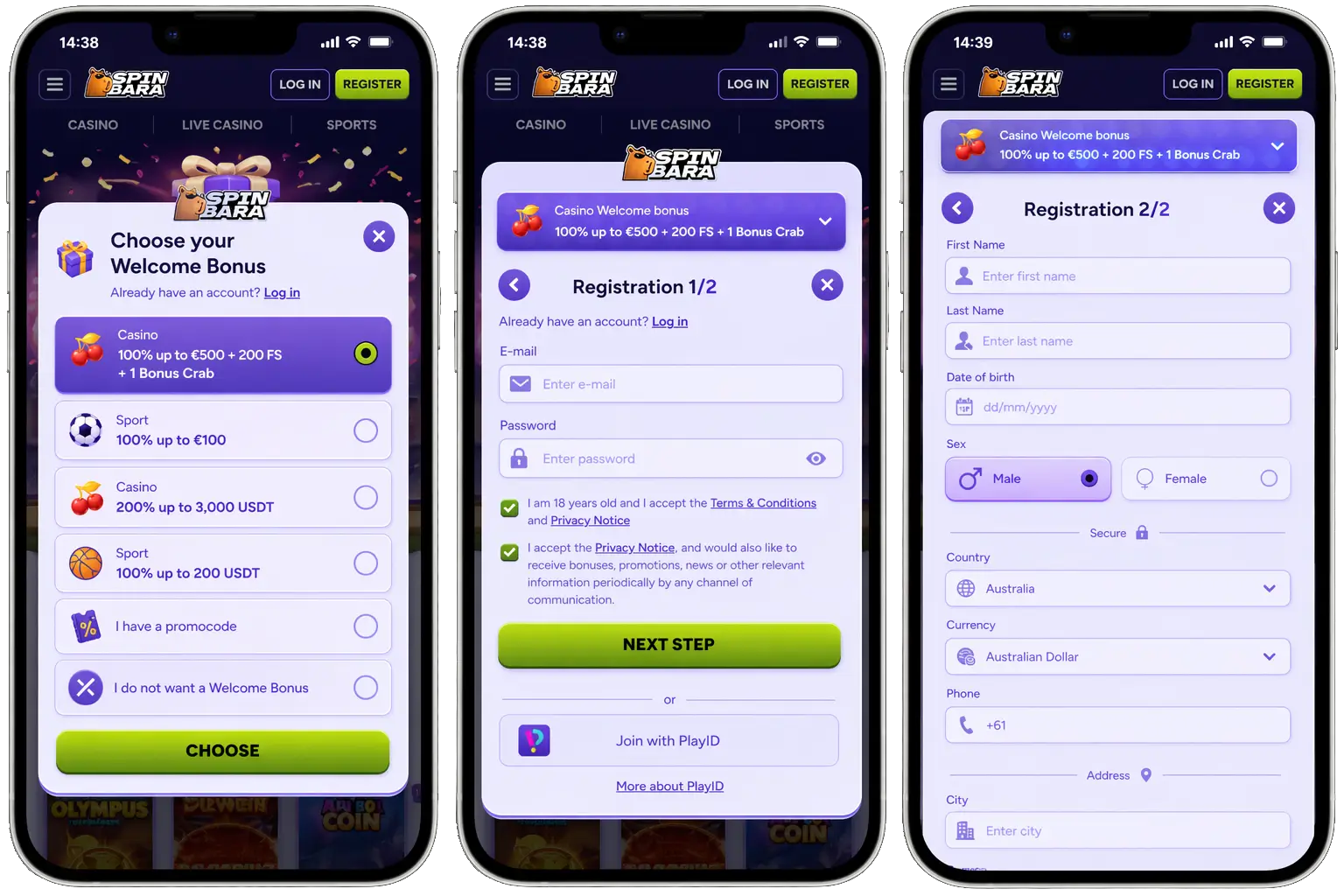 SpinBara registration form for new account access