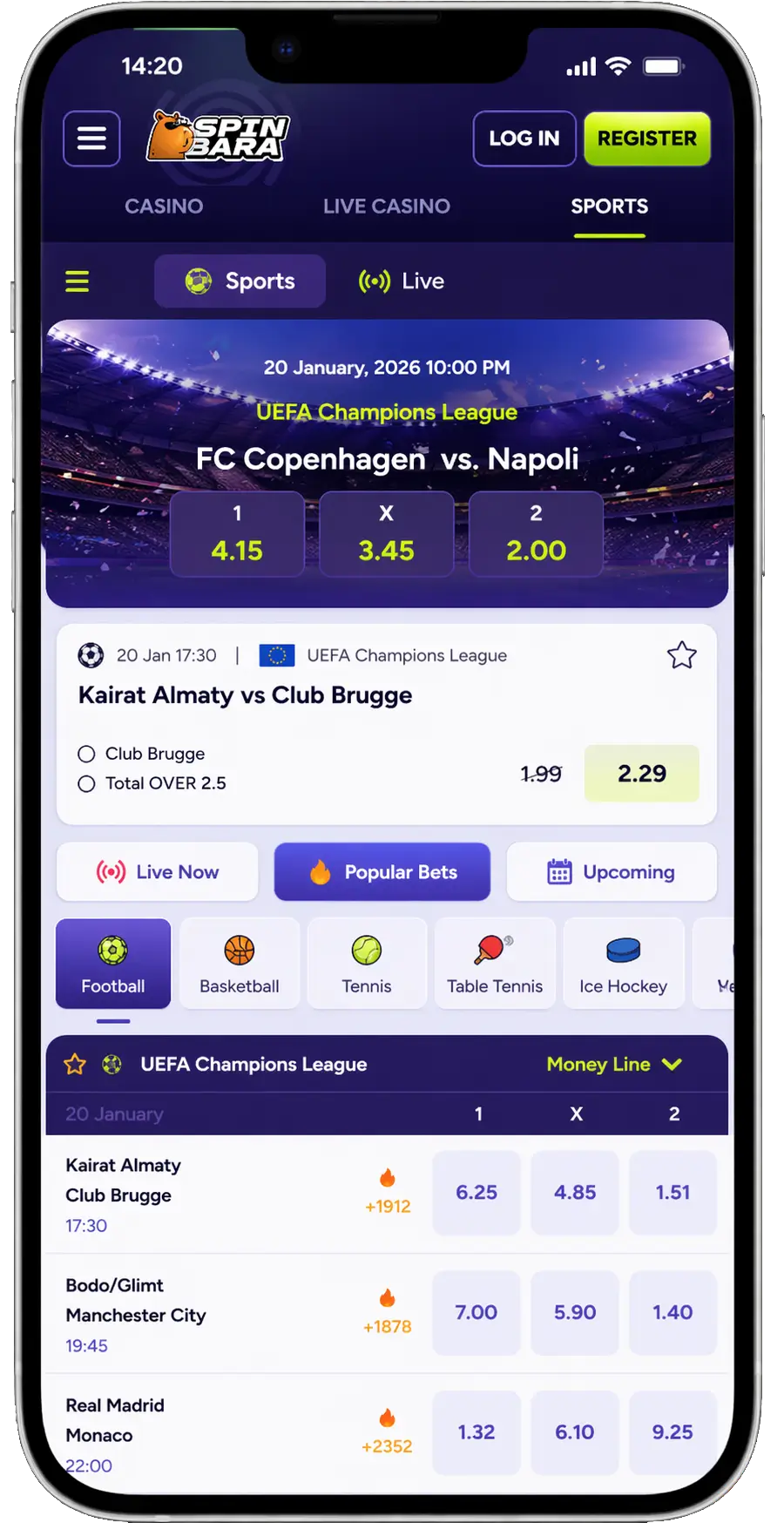 SpinBara sportsbook section with live betting markets