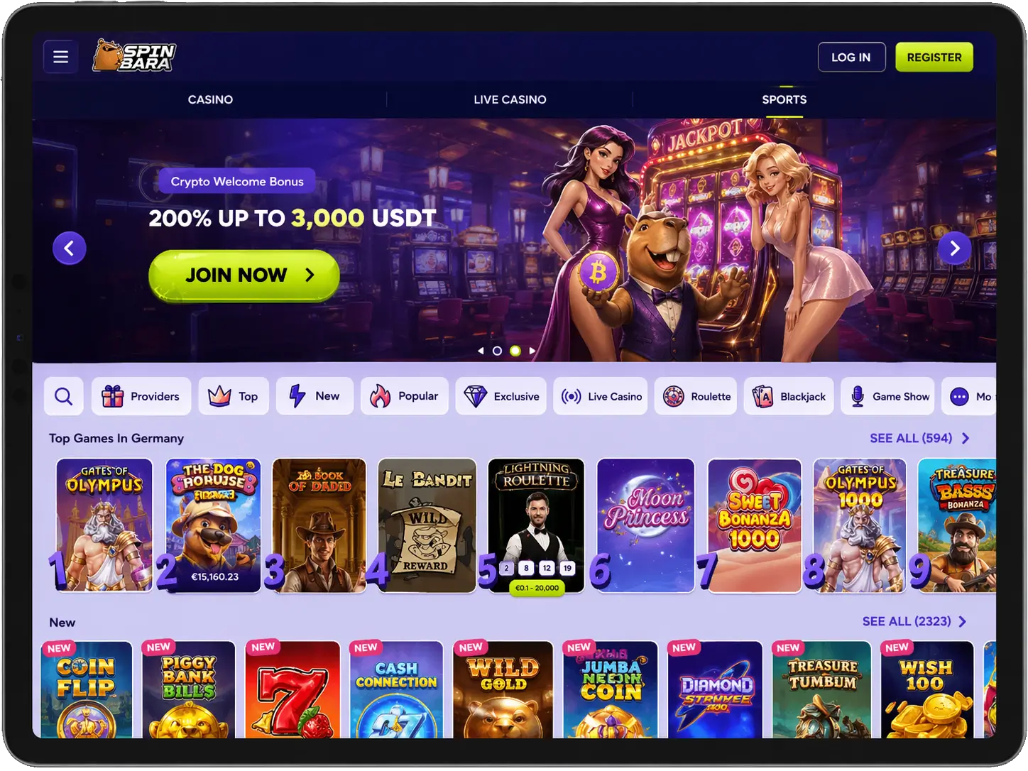 SpinBara mobile casino layout on tablet screen